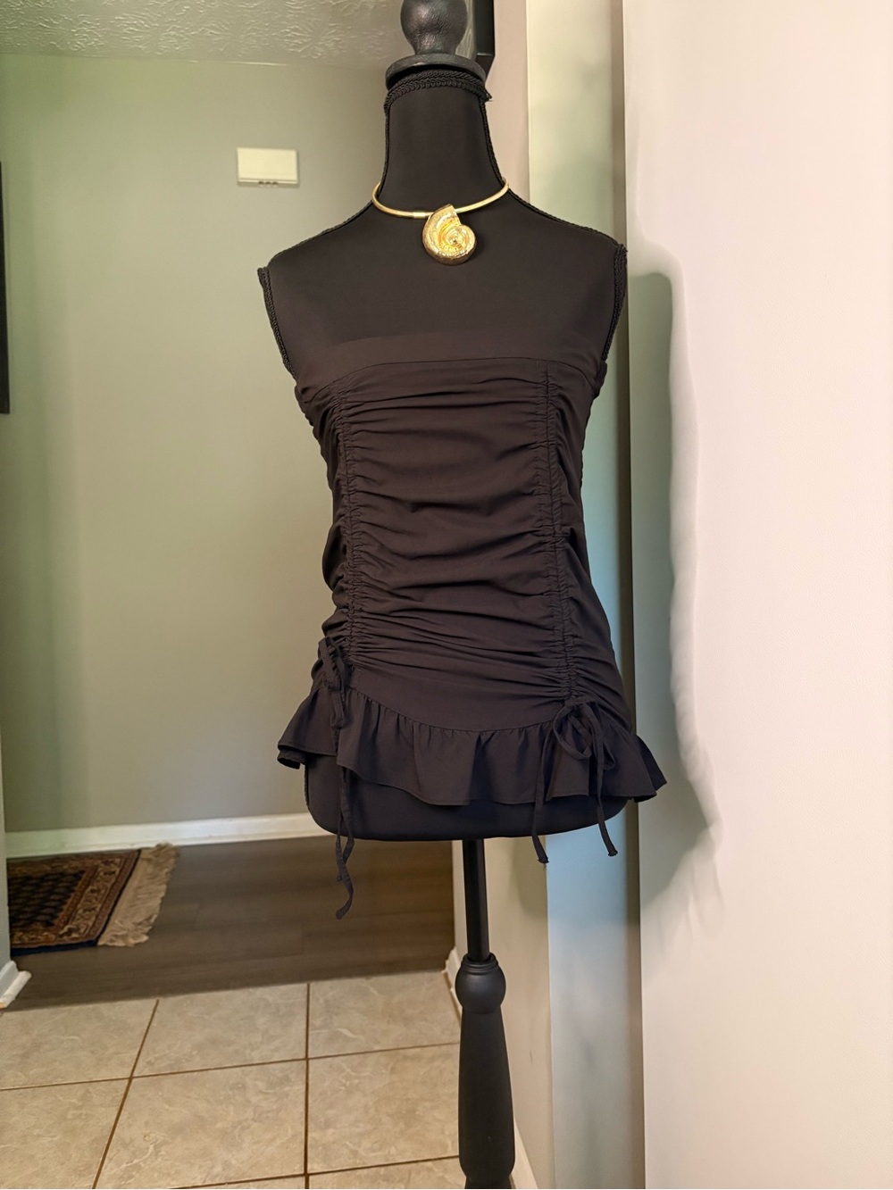 Black Ruched Ruffle Tank Top - Women